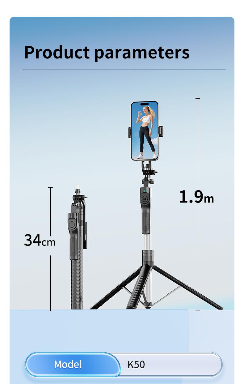 K50 360° Rotating Gimbal Selfie Stick with Tripod, Anti-Shake Stabilizer, Built-in Fill Light, Extendable up to 1.9m
