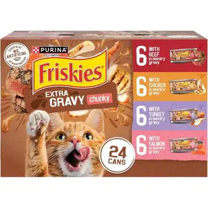 Purina Friskies Extra Gravy Wet Cat Food Chunky 24ct Variety Pack (With Chicken, Turkey, Salmon, Beef) - (Pack of 24) 5.5 oz. Cans