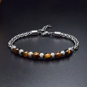 Natural Stone & Stainless Steel Chain Bracelet | Tiger Eye, Sodalite & More | Men’s Boho Rugged Style Jewelry