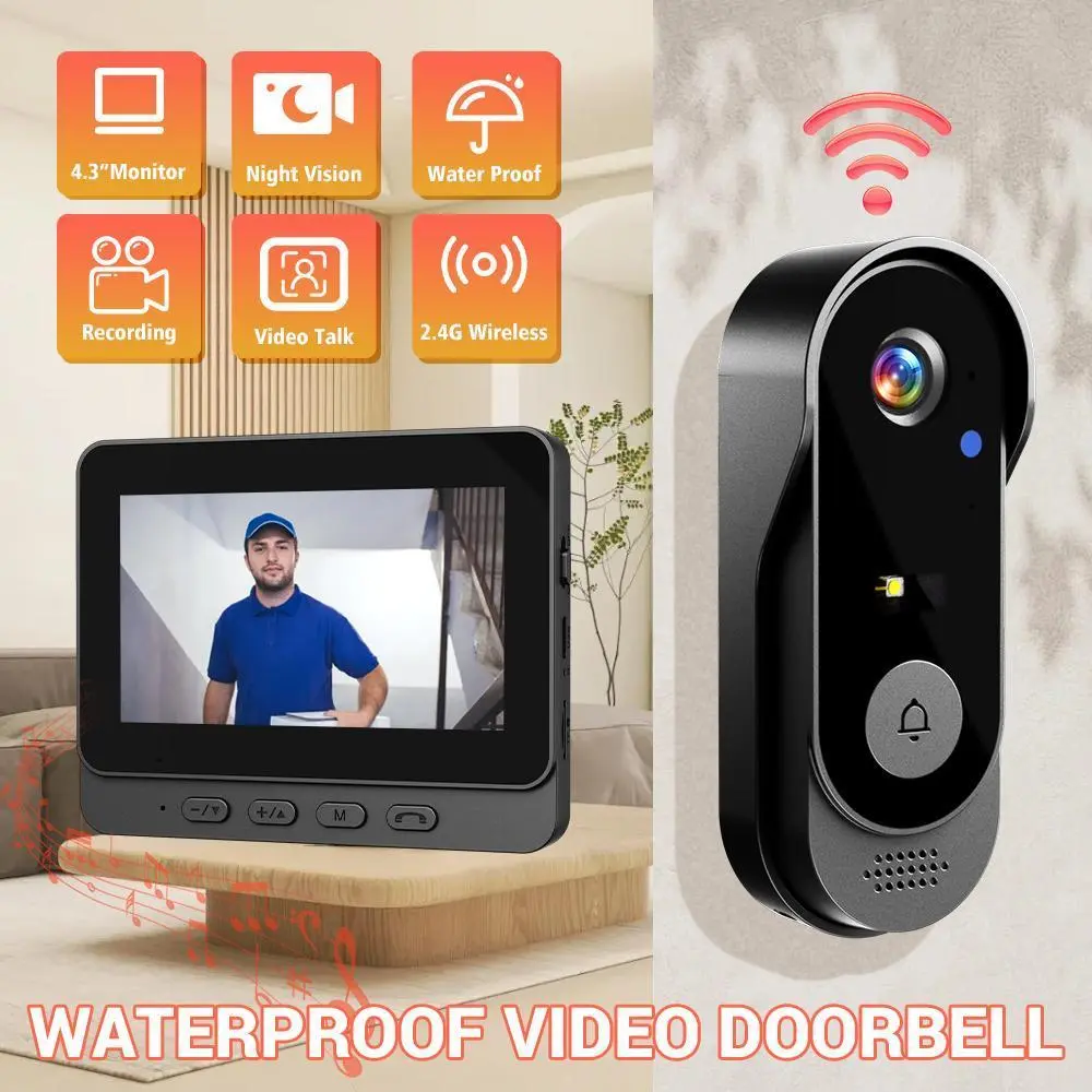 KEPEAK ToolUpgrade Wireless 4.3'' Doorbell Camera with Color Display, 2.4G Connectivity, Night Vision, Night Light, Waterproof Design, Digital Intercom, SD Card Support, Home Security Doorbell, Intercoms Wireless for Home