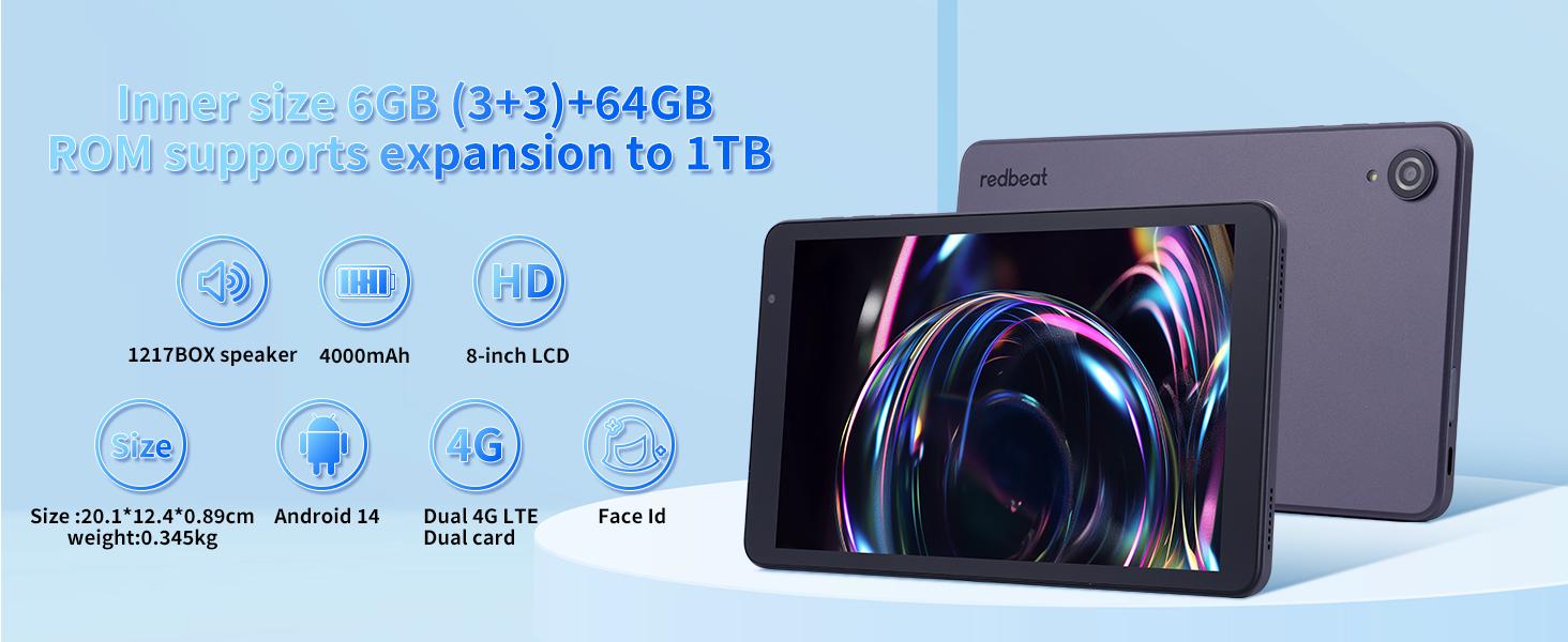 Redbeat C1 Android 14 Tablet，9GB (3+6) RAM+64GB ROM ，1217BOX loudspeaker，4000mAh-ALL Day Performance,8-inch LcD arge screen ultra clear,Dual 4G LTEDual SIM,Face ld,Extreme weight only 0.345kg, para emp render tablet