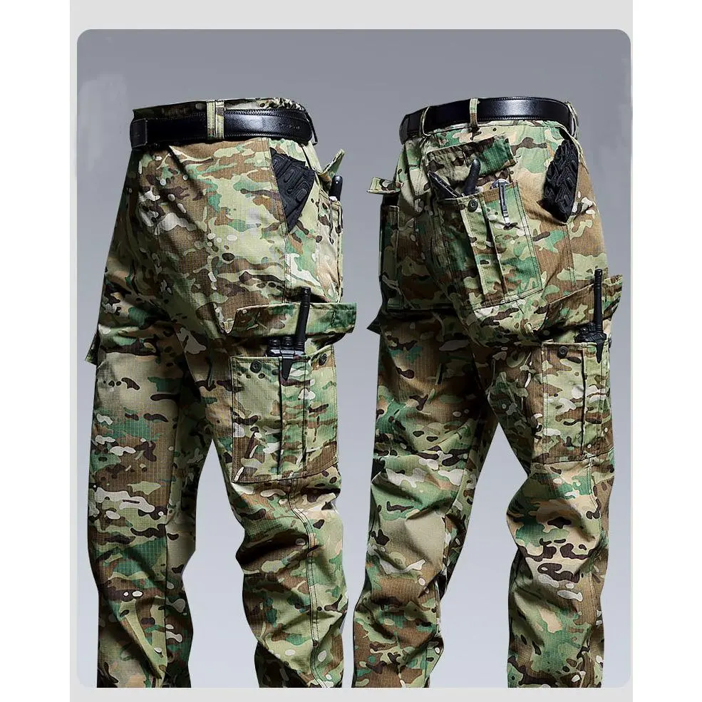 Men's Ripstop Tactical Pants, Camo Cargo Work Pants with Multiple Pockets for Hiking, Hunting, Work.The belt shown in the image is for display purposes only and is not included as a free gift.