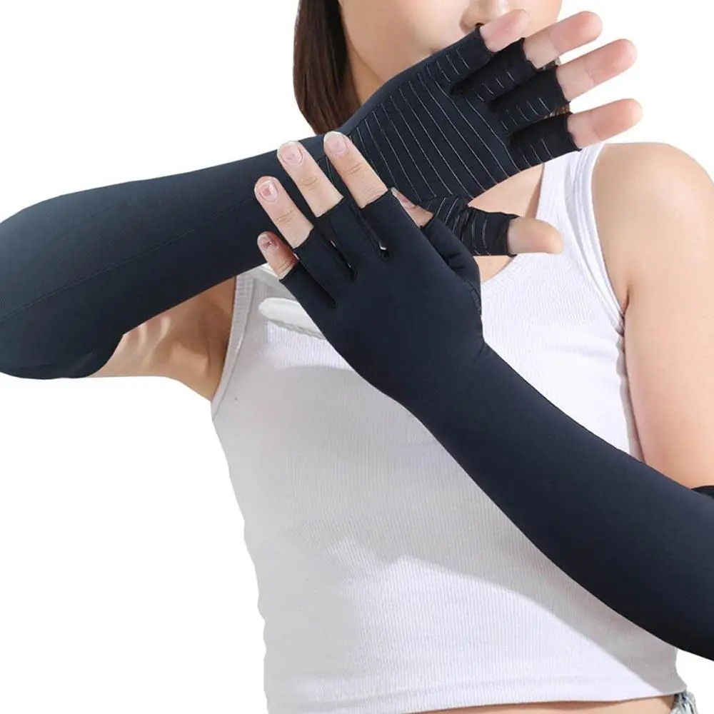 Copper Fiber Long Sleeve Half Finger Design Compression Gloves, Fingerless Compression Hand Enhanced Support Sleeves, Suitable for Men and Women, Unisex Fit, for Work, Computer Typing, Work and Typing Tasks, Copper Infusion, Relieve Pain, Joint Issues
