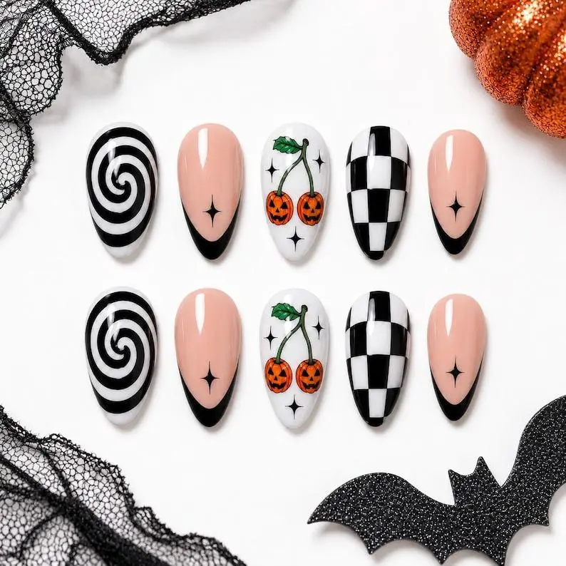 Halloween Pumpkin Cherry Press On Nails, Hand Painted Black French Checkerboard Nails, Cute Spooky Reusable Fake Nails