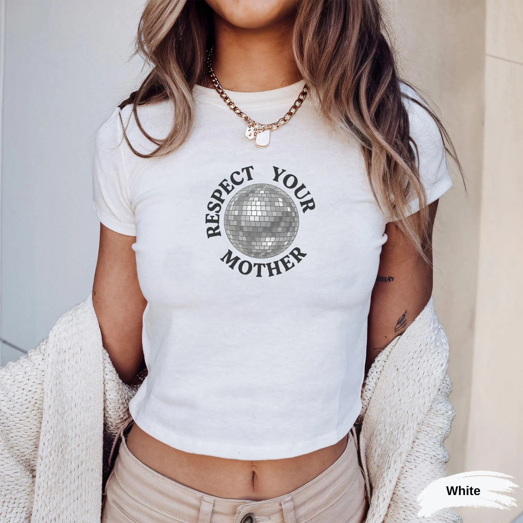 Women’s Respect Your Mother Disco Ball Graphic Baby Tee, White Fitted Crop Top Short Sleeve T-Shirt