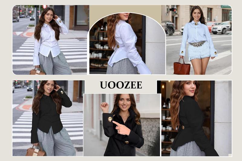 UOOZE Women's long-sleeved Slim Fit button-down solid color lapel shirt top, 100% cotton, embellished with gold buttons, suitable for multiple occasions all seasons blouses (One Size Up Recommended for C - Cup and Above) Casual cute fall outfits