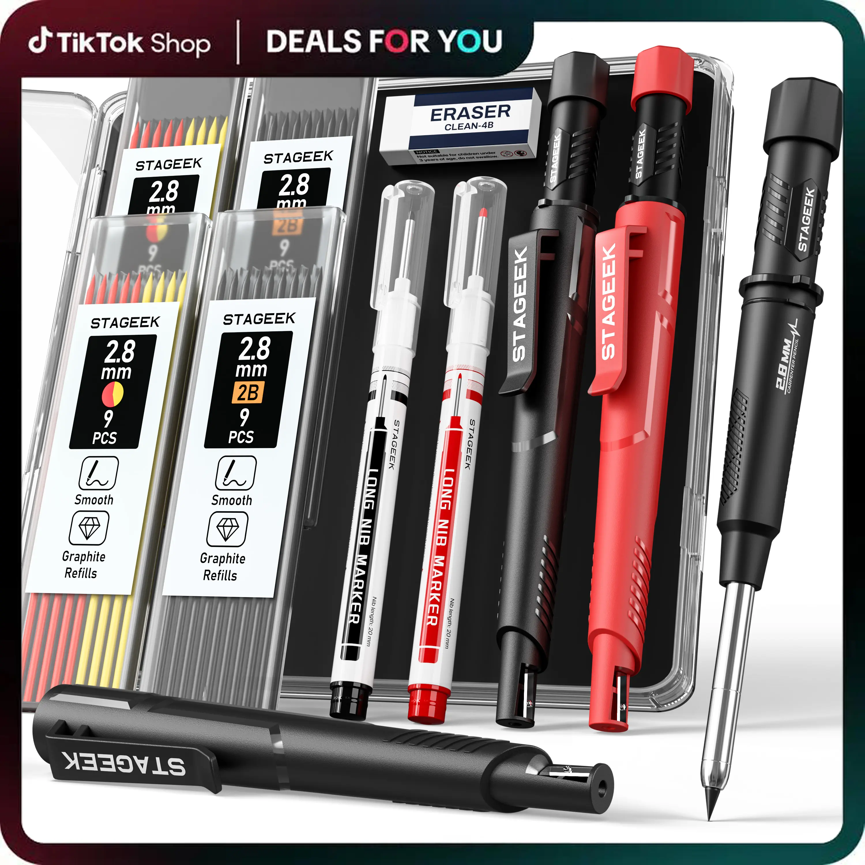 【FathersDayGift】STAGEEK 4 Pack Carpenter Pencils with Sharpener, 2.8 mm Mechanical Pencils with 76 Refills, 45mm Precision Tip, Long Nib Markers, 5-Color Refills, Durable Construction Tools for Woodworking, Carpentry, and DIY Projects