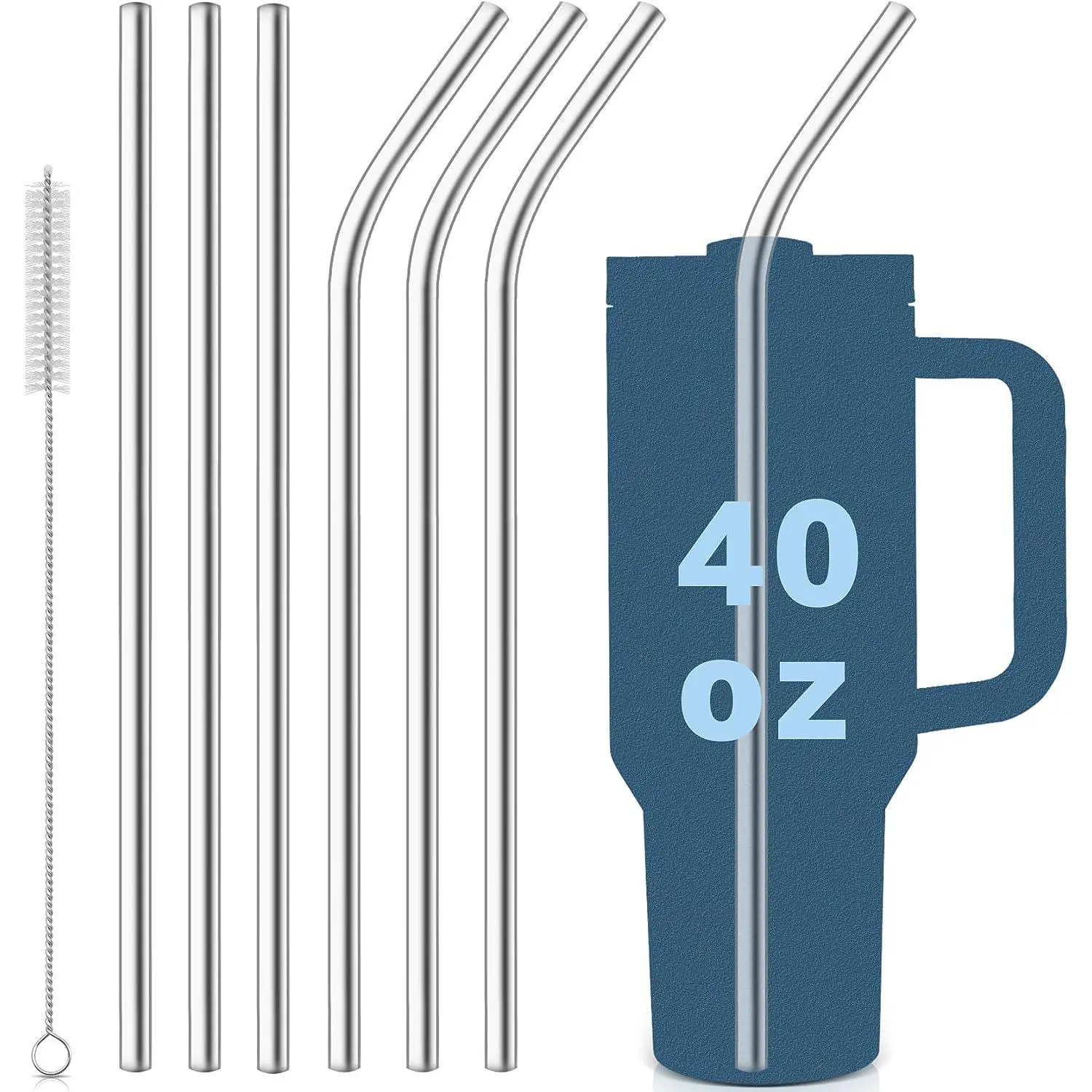 6pcs Stainless Steel Replacement Straw Set for Stanley Cup, Straw Combo, Including 3 Straight Straws & 3 Bent Straws, Reusable Long Straw with Cleaning Brush, Utensils