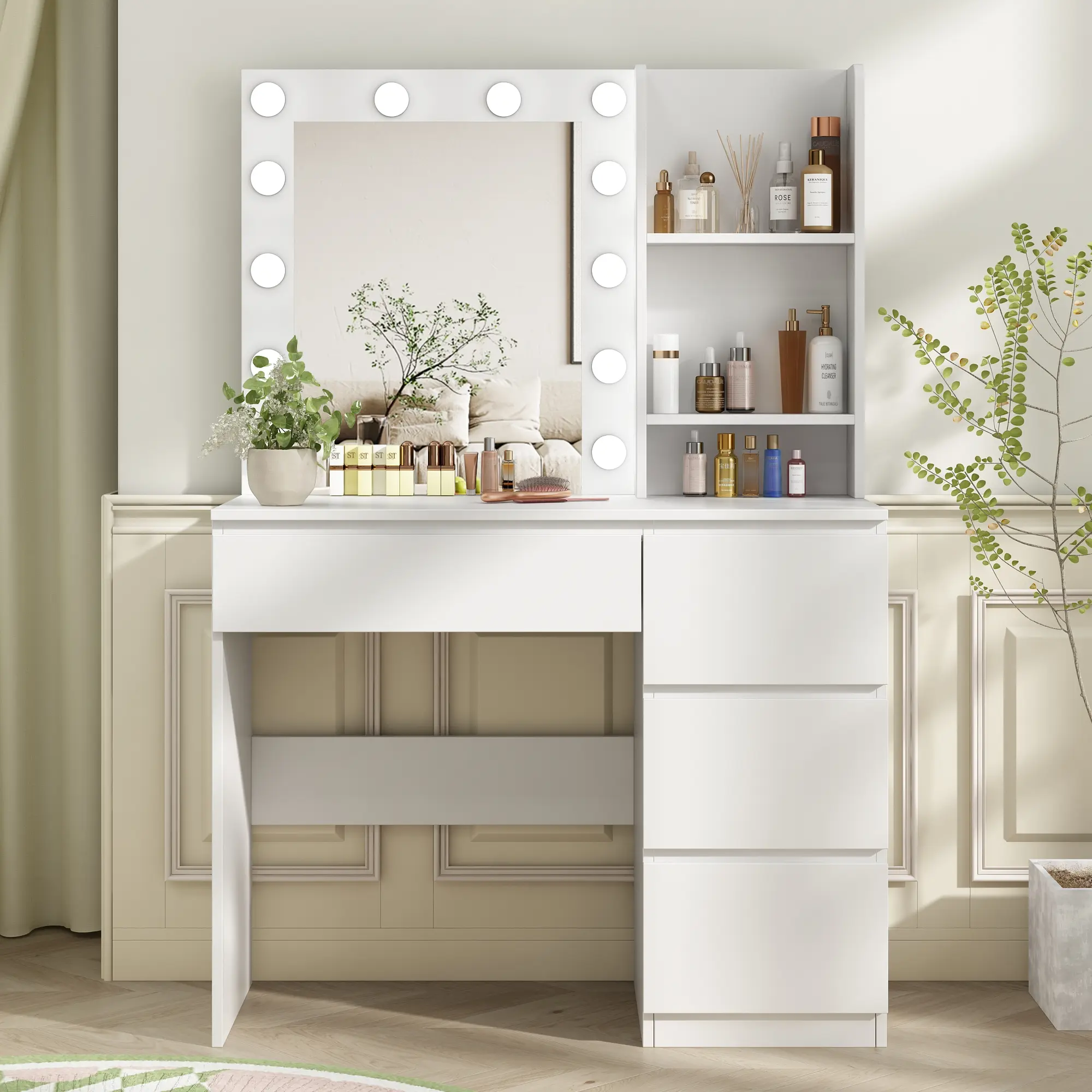[tiktokshopbacktoschool] Vabches Modern White Makeup Vanity, 37 in Makeup Desk with Power Strip, Lighted Mirror (3 Lighting Colors) and 4 Storage Drawers,dorm essentials,home decor