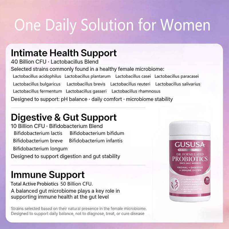 GUSUSA Women's Probiotic Super Bundle – 50 Billion CFU, 16 Advanced Strains Natural Long-Lasting Feminine Moisture, pH Balance, Odor Elimination, Gut & Immune Support. Rebuild from Within with Sugar-Free, Vegan, Organic Prebiotics.