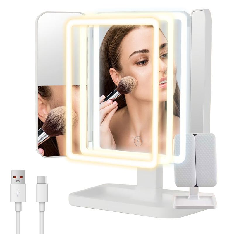 Foldable LED Makeup Mirror with 3 Light Modes（White/Warm/Natural Light），2X/3X Magnification，Adjustable Brightness Dimmable Touch Control，360° Rotating，Gift Box，Perfect Gift for Her， Portable