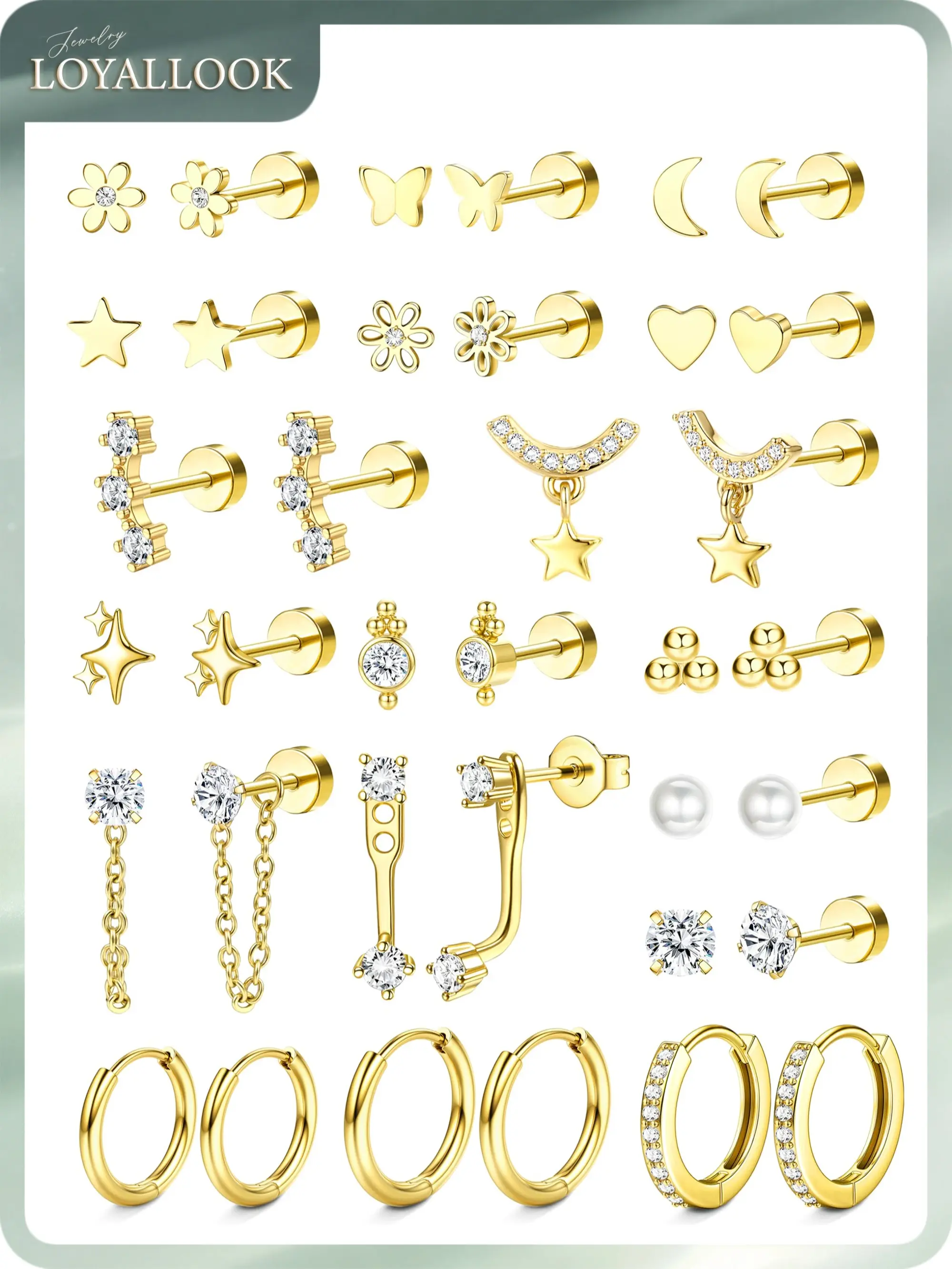 LOYALLOOK Hypoallergenic Flat Back Earrings 14K Gold Plated Cartilage Earring Stacks for Sensitive Ears Surgical Steel Small Huggie Hoops Flatback Stud Earrings Set for Multiple Piercing Jewelry Gift for Women
