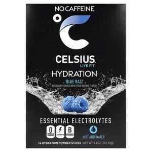 Celsius Live Fit, Hydration, Essential Electrolytes, No Caffeine, Blue Razz, 14 Hydration Powder Sticks, 0.26 oz (7.28 g) Each