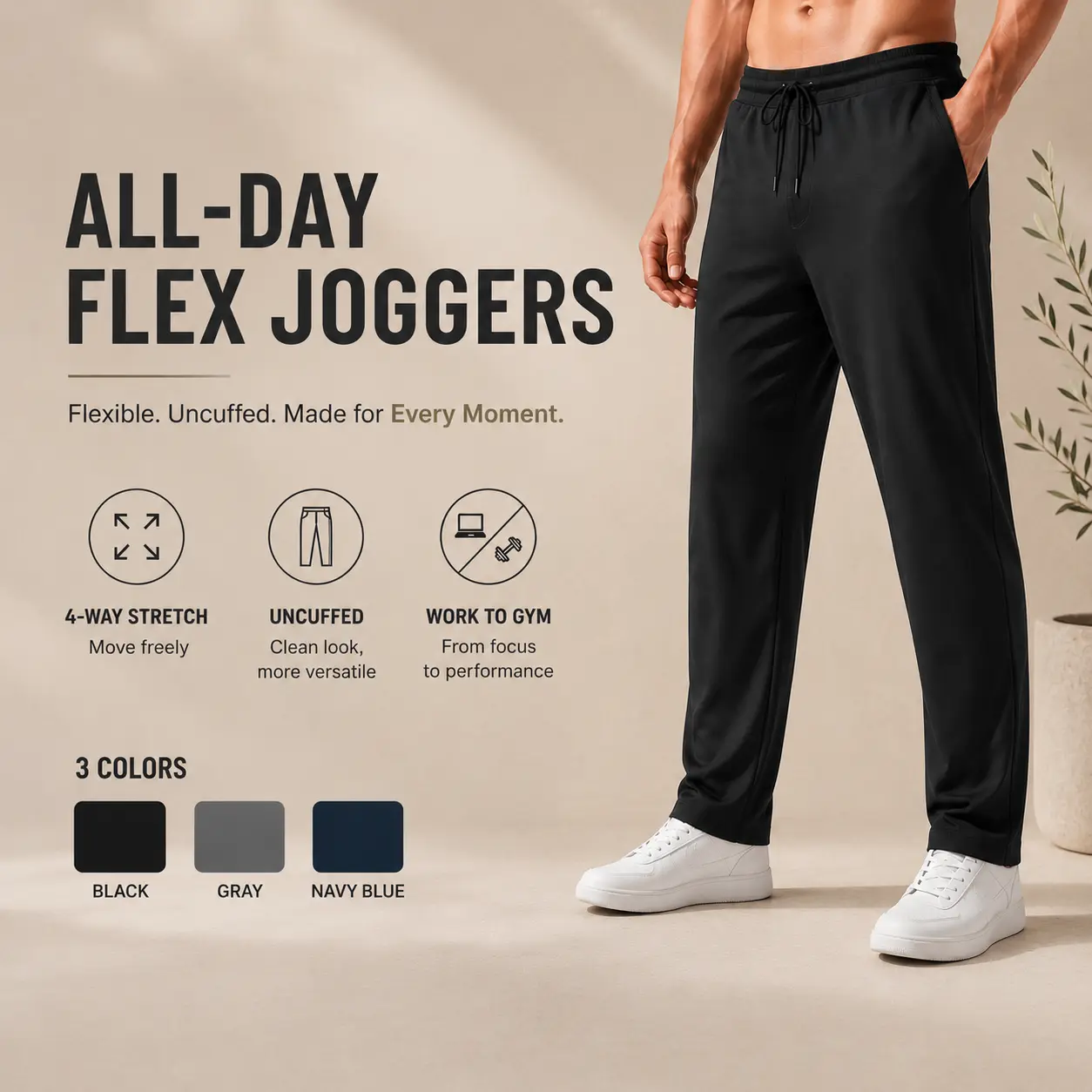 Men's All-Day Flex Uncuffed Joggers with Zipper Pockets – Lightweight Tapered Stretchy Performance Pants for Travel, Work, Golf & Everyday Wear