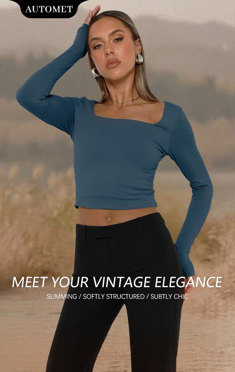 AUTOMET Women's 3 Pack Long Sleeve Crop Tops Slim Fit Y2K Fashion Basic Layering Shirts Haze Blue White Black Minimalist Casual Korean Style Everyday Womenswear Short - Summer SpringStatements