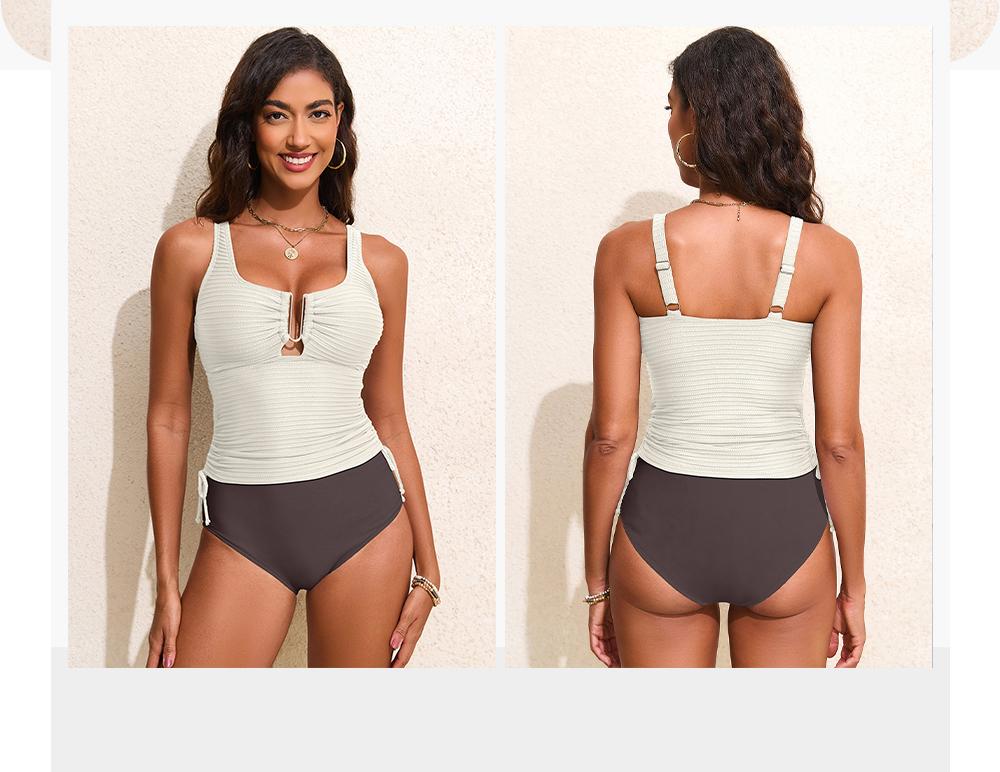 Aleumdr Women's Textured Tankini Swimsuits Tummy Control Ruched U-Wire Cutout Two Piece Bathing Suits with Bottom