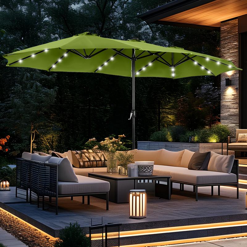 PHI VILLA Double-Sided Outdoor Patio Umbrella 15 ft Large with Crank, Steel Pole, Metal Frame, Includes Base, Easy to Clean, Solar LED Lights