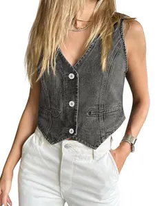 TANKANEO  Womens Denim Vest Sleeveless V Neck Button Down Jean Waistcoat Jacket Y2K Summer Crop Tops