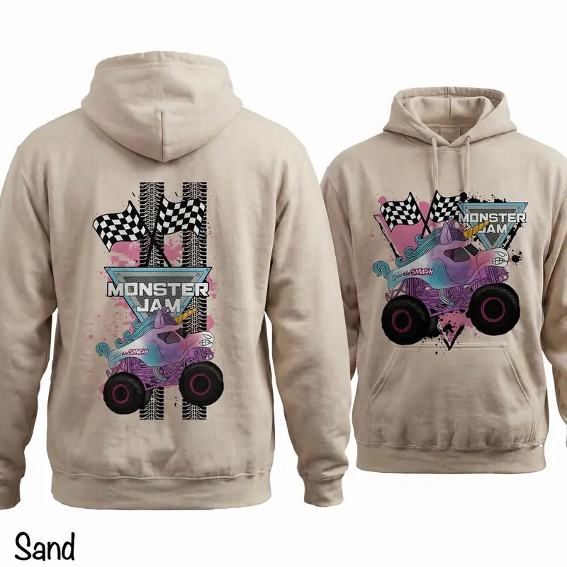 Monster Jam Unicorn Hoodie, Sparkle Smash Monster Truck Graphic Pullover, Racing Fan Hoodie, Fun Casual Unisex Cotton Menswear