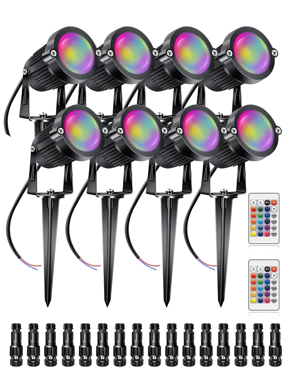 8-Pack Aluminum Adjustable RGB+W Low Voltage Outdoor Flood Lights Set Pack, 5W 12V 90-Degree LED Spotlights with 2 Remote Controls & Wire Connectors, 16-Colors Changing Waterproof Garden Pathway Welcome Lights