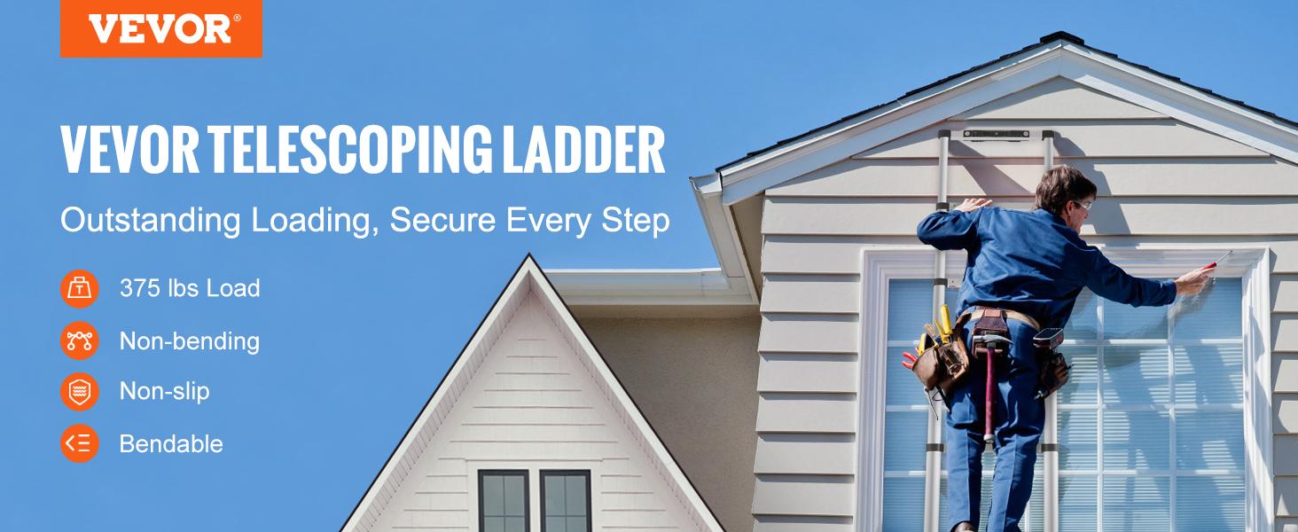 VEVOR Telescoping Ladder, Aluminum One-button Retraction Collapsible Extension Ladder, Capacity with Non-slip Feet, Portable Multi-purpose Compact Ladder for Home, RV, Loft, ANSI Liste