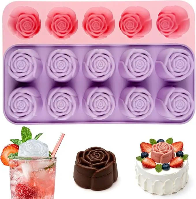 2 Pack Rose Silicone Mold, Rose Chocolate Mold 10 Cavity | Roses Flower Molds for Candy, Ice Cube, Gummy, Jelly, Cupcake Decorations, Candles, Soaps, Party Gift Home Decoration