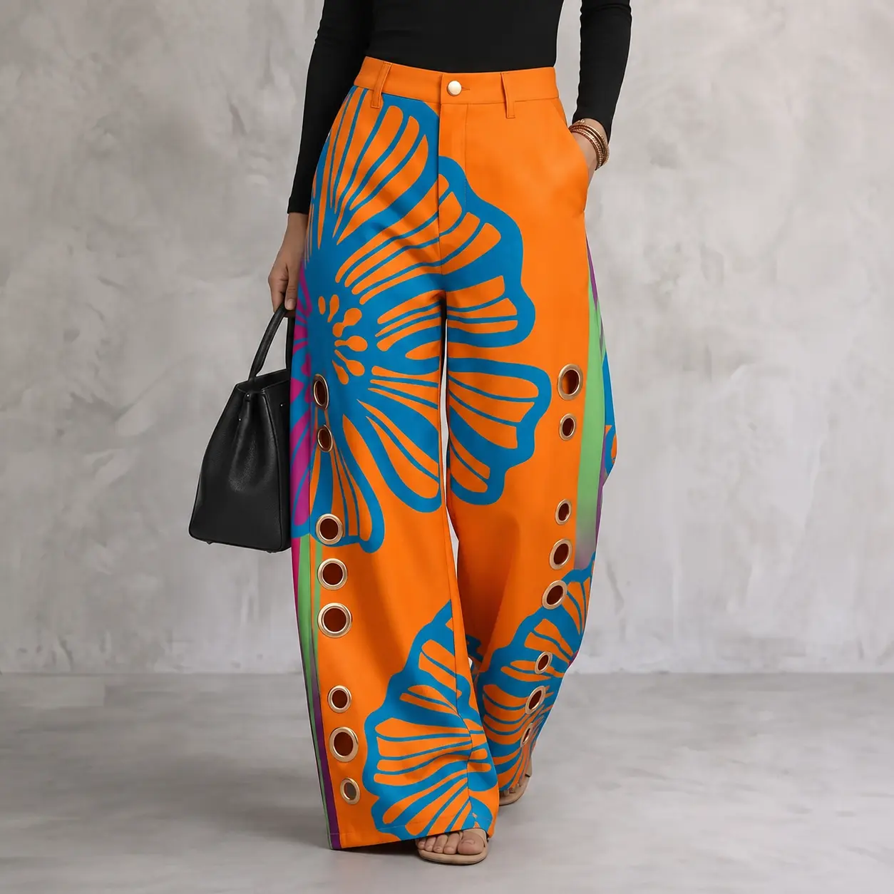 Women's 2026 New High-Waisted Wide-Leg Buttons Pants - Spring/Summer Casual Everyday Bottoms with Geometric Cutout Pockets, Metal Eyelet Details, All Over Print, Ideal for Back-to-School Outfits