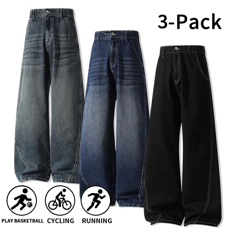 Menswear 3-Pack Men’s Washed Wide-Leg Jeans, Elastic Back Waist, Casual Stylish Loose Straight-Cut Retro Denim Trousers,Trouser