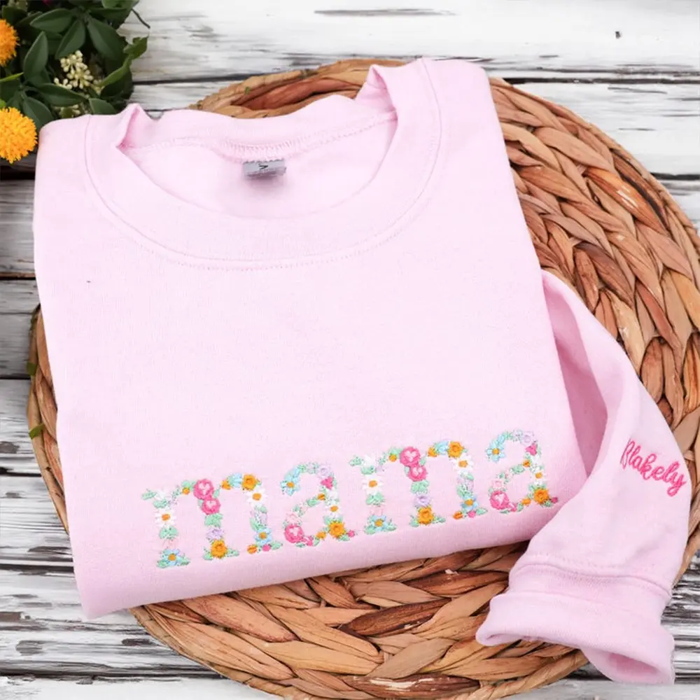 Custom Floral Mama Embroidered Sweatshirt, Personalized Grandma Gigi Nana Crewneck, Kids Name Sleeve, Gift for Mom