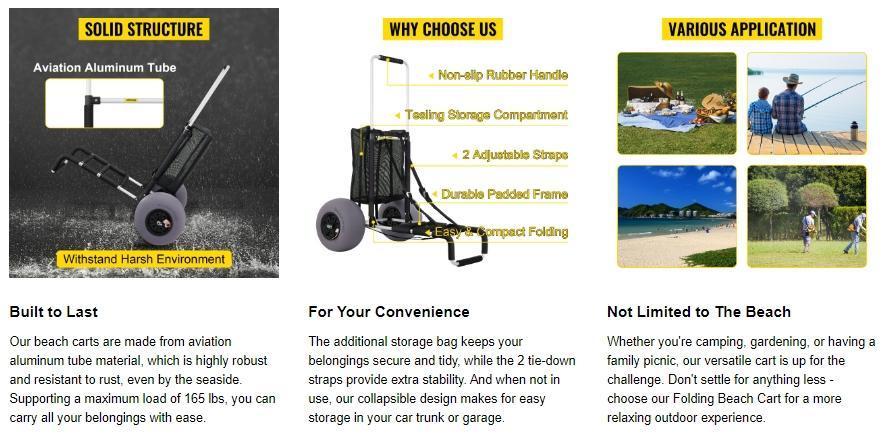 【SummerFinds】VEVOR Beach Carts for Sand, 23" x 15" Cargo Deck, w/ 13" TPU Balloon Wheels, 165LBS Loading Folding Sand Cart & 33.1" to 51.6" Adjustable Height, Aviation Aluminum Cart for Picnic, Fishing, Beach