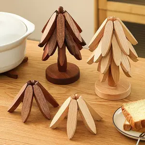 Foldable Wooden Tree Trivet, Heat Resistant Pot Holder, Cute Kitchen Decor & Table Protector for Hot Pots, Pans, Mugs – Natural Wood Anti-Scald Trivet