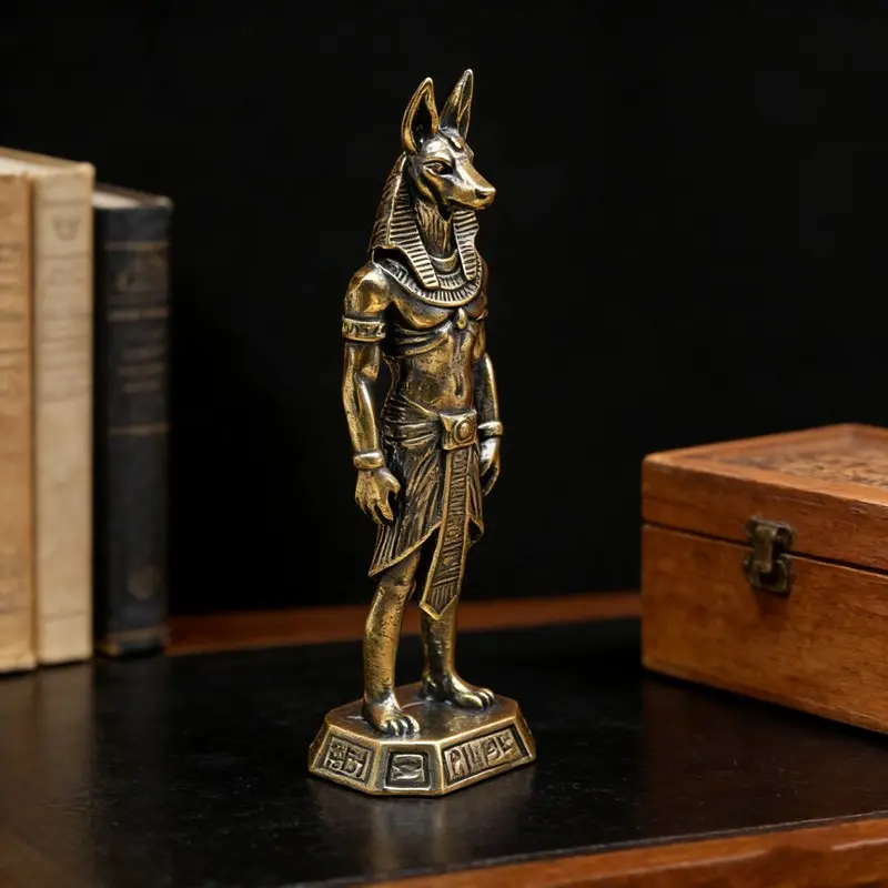 Anubis Wolf Head Brass Statue, Statue Figurines, Figurine, Art Figurine, Carved Base with Runes Design, Detailed Sculpture for Vintage Home Decor Desktop, Study Display, Theme Spaces, Collectors, Ornaments, Collectible Home Decor