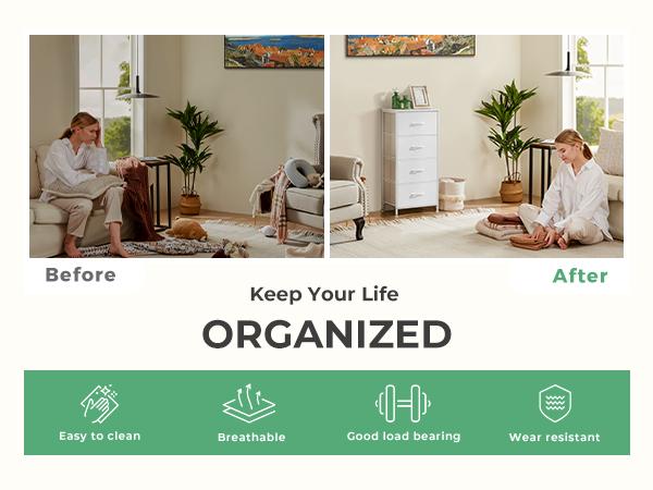 Dresser with 4 Drawers, Storage Tower, Organizer Unit, Fabric Dresser for Bedroom, Hallway, Entryway, Closets, Sturdy Steel Frame, Wood Top, Easy Pull Handle