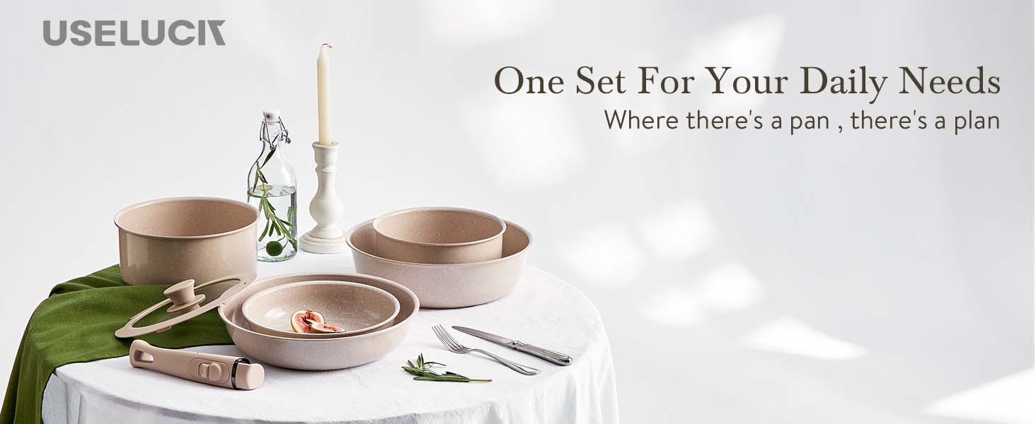 USELUCK 21-Piece Non-Stick Cookware Set with Hanging Rack, Removable Handles for Camping & Baking, Stackable Oven Safe RV Friendly Cookware, Multiple Colors and Combinations Available