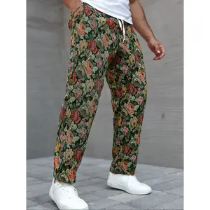 Men's Casual Floral Woven Pants, Elastic Drawstring Waist, Loose Fit, Perfect for Beach Vacation & Music Festivals