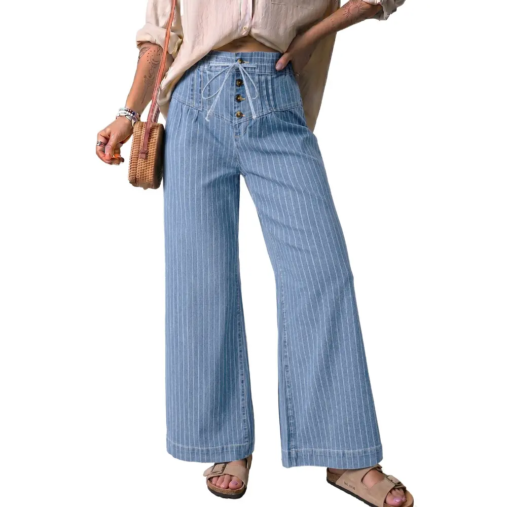 Dokotoo Women's Wide Leg Baggy Jeans Drawstring Striped Button Denim Pants 2026 Fall Winter Loose Fit Casual Pants Straight Leg Baggy Jeans With Pockets Work Daliy Outfits Fashion Clothing