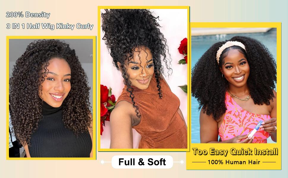 Kinky Curly Half Wig Human Hair 200% Density 3 In 1 Half Wig With Drawstring Seamless Clip Glueless Wear and Go Headband 100% Human Hair  Wig Beginner Friendly For Women valentines gifts for gf