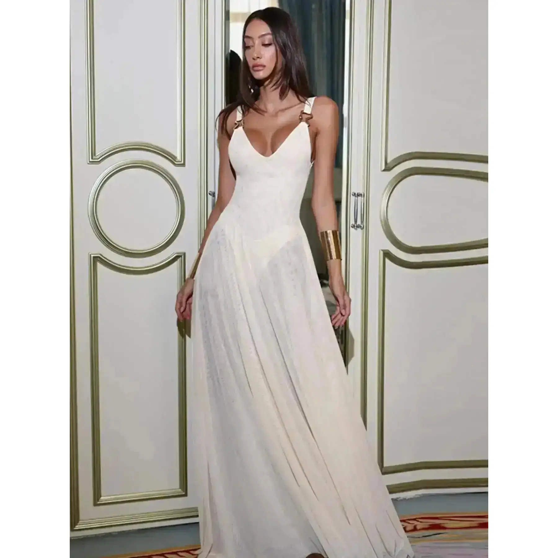 Casual 2026 New Model Women's 2 in 1 Deep V Neck Backless Tulle Dress Elegant Sleeveless Maxi Long for Party Holiday Wedding Guest Layered Gown, Minimalist Chic, Cozy, Versatile, All Seasons, Formal Look, Flexible Fit