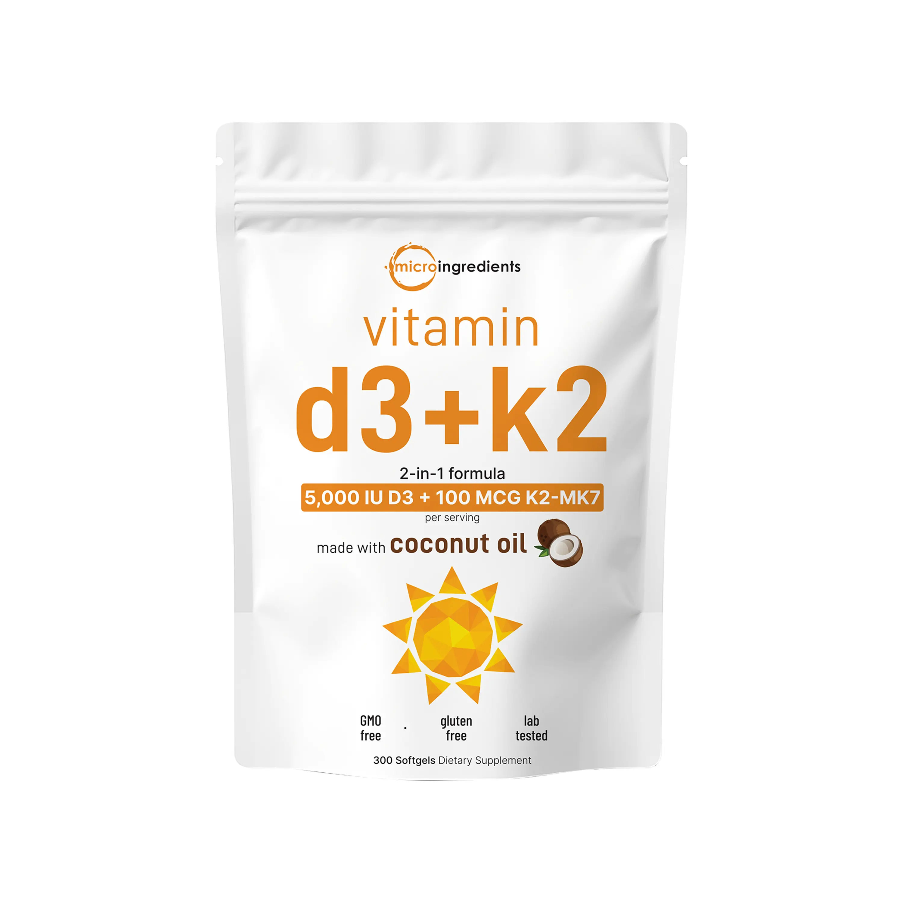 Micro Ingredients Vitamin D3 K2 5000IU /2000IU / 1000IU, Infused with Virgin Coconut Oil, 300 Softgels Micro Ingredients Vitamin D3 K2 5000IU /2000IU / 1000IU, Infused with Virgin Coconut Oil, 300 Softgels