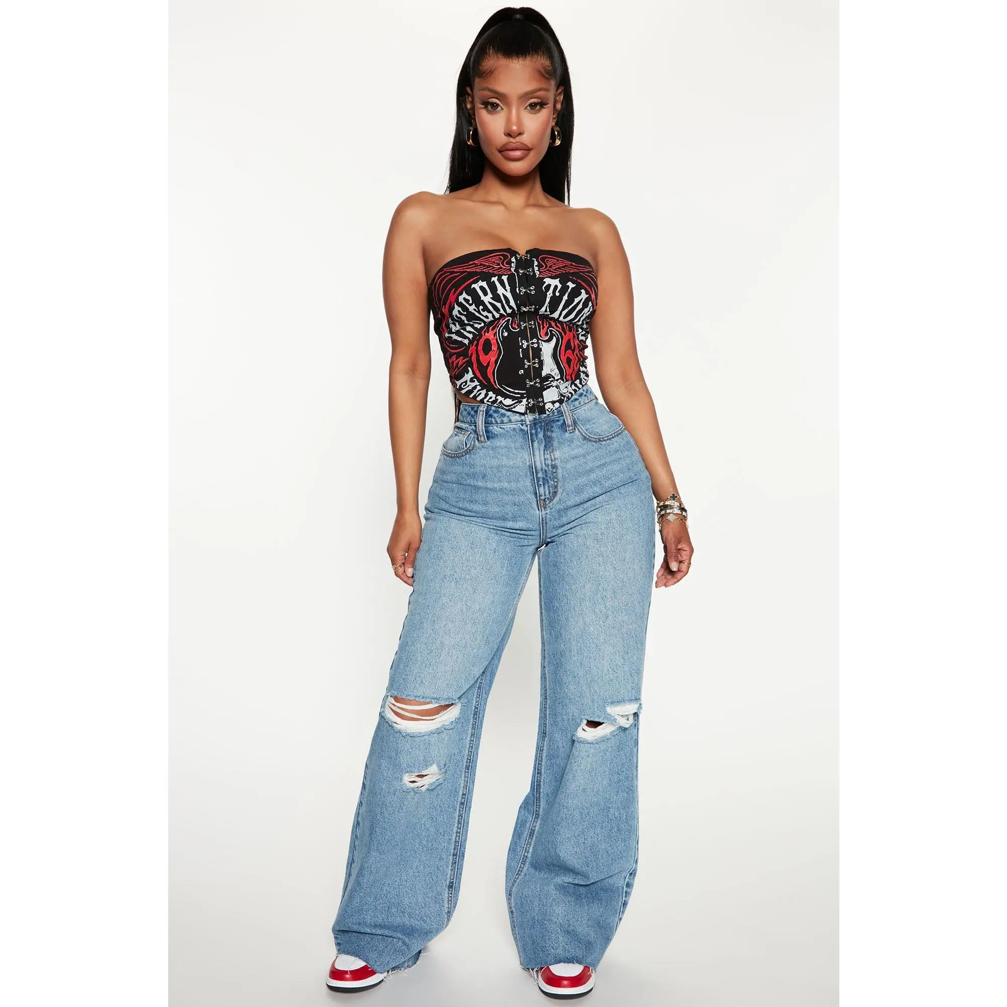 Tough Love Baggy Ripped Straight Leg Jean - Medium Wash