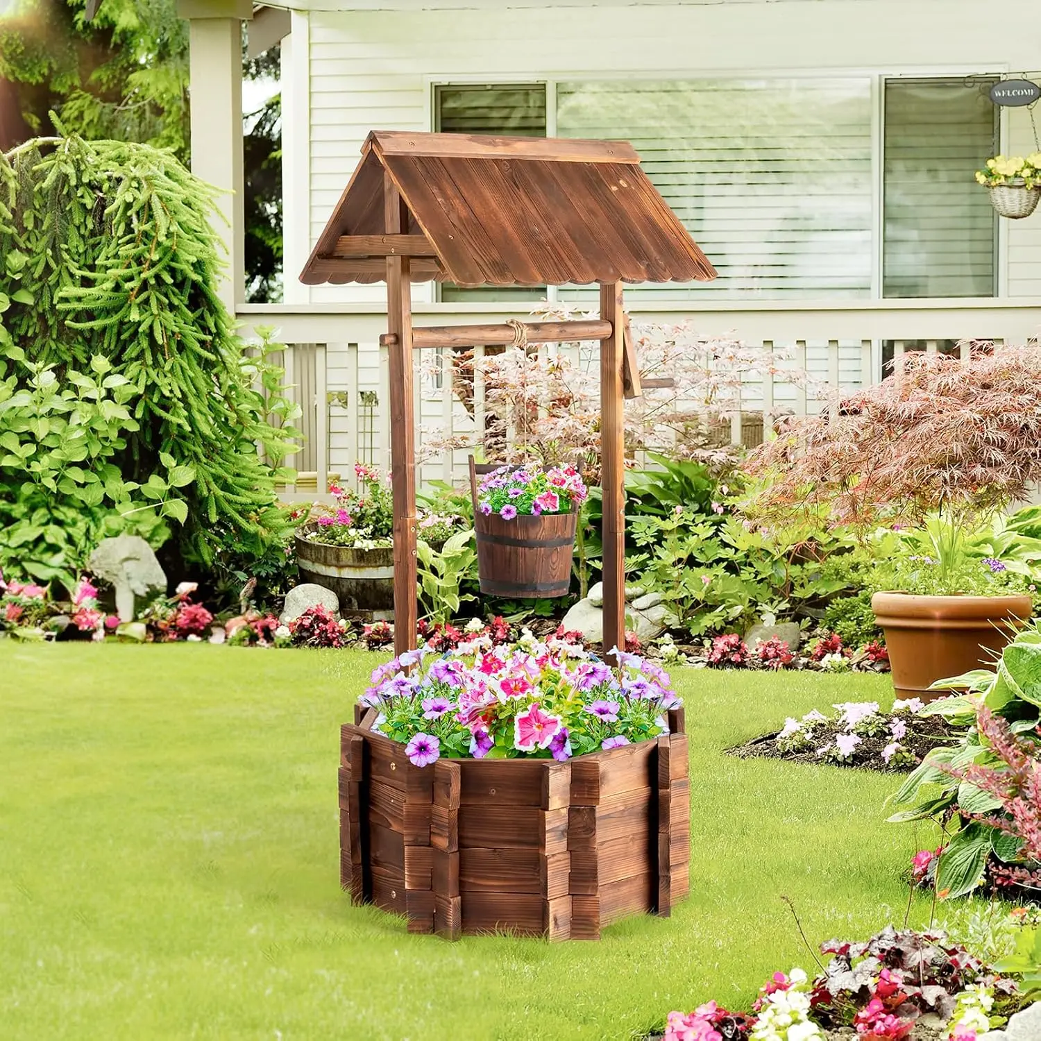 VINGLI Wooden Wishing Well Outdoor Planter - Large Size, 2/4 Reinforced Rods, Height-Adjustable Hanging Bucket, Well Cover, Hanging Frees Up Ground Space, Rustic Home Decor for Patio Garden, Outdoor Festive All-Season Use