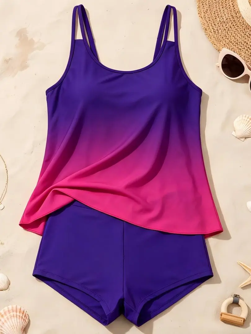 Women's 2-Piece Swimdress Set - Adjustable Double-Layer Thin Shoulder Straps, Flowing Abdomen-Covering Hem, Flat-Cut Trunks, Quick-Drying, Conservative for Beach, Pool Vacations