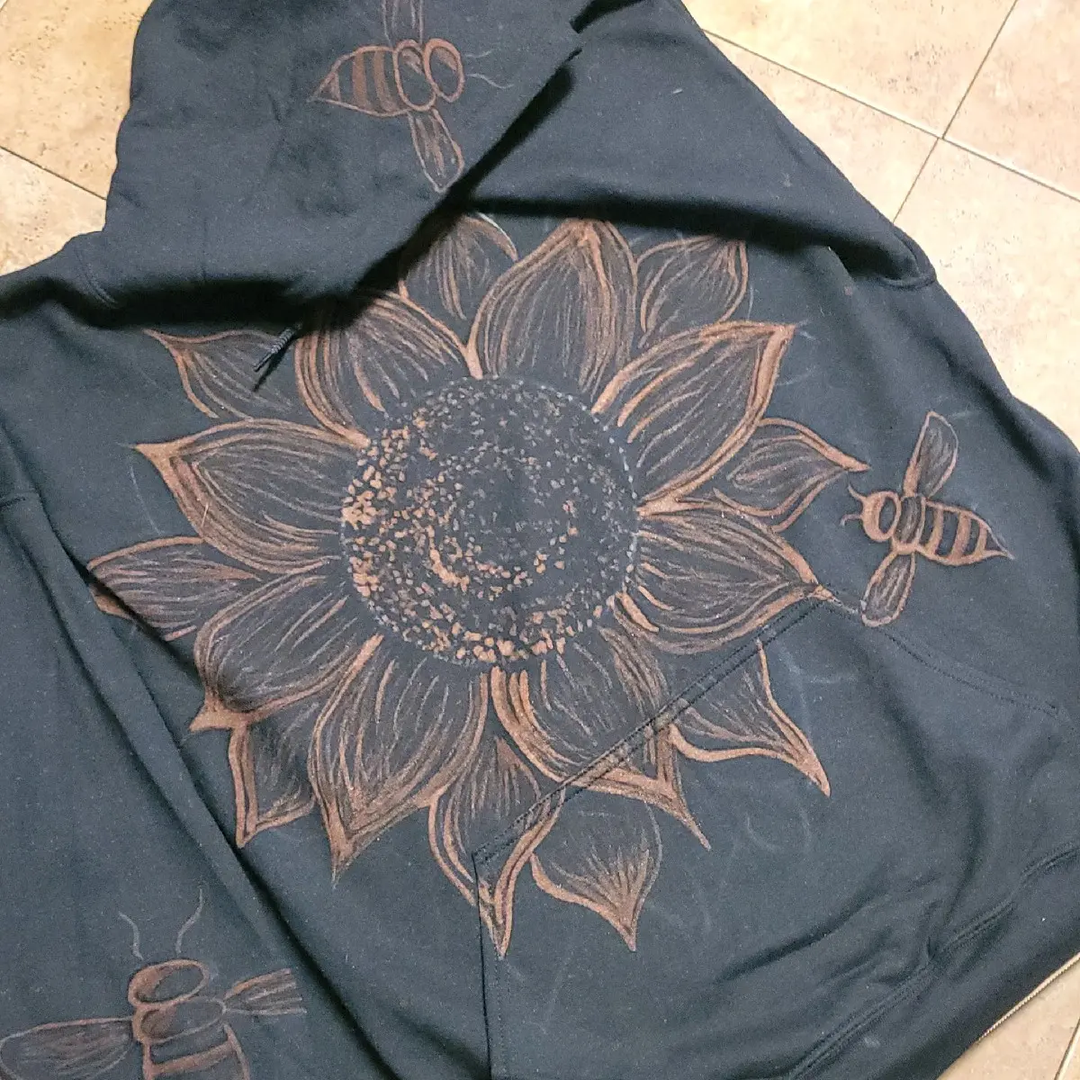 Sunflower Bee Bleach painted Hooded Sweatshirt