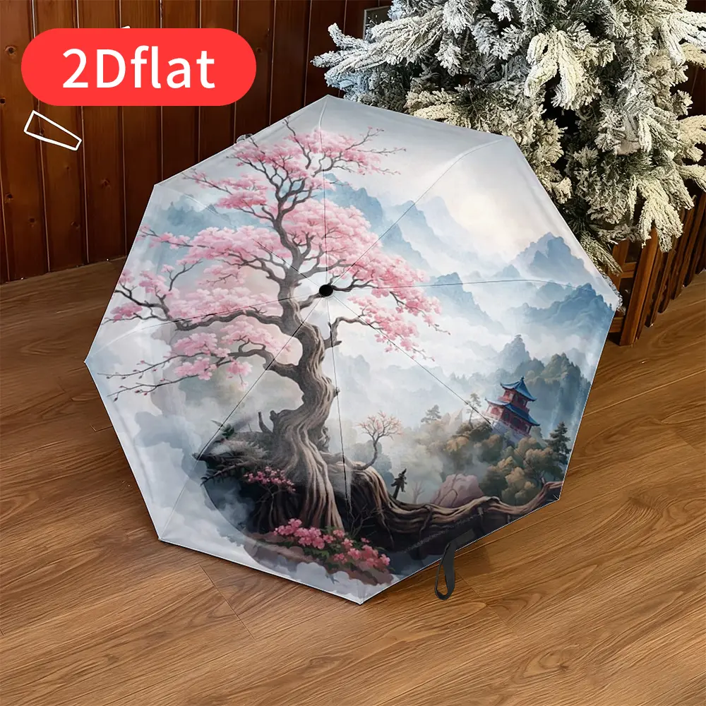 A cherry blossom-themed folding umbrella – featuring an exquisite landscape scene with pink cherry blossoms in full bloom on branches, a durable canopy made of sturdy plastic and metal, portable design ideal for travel
