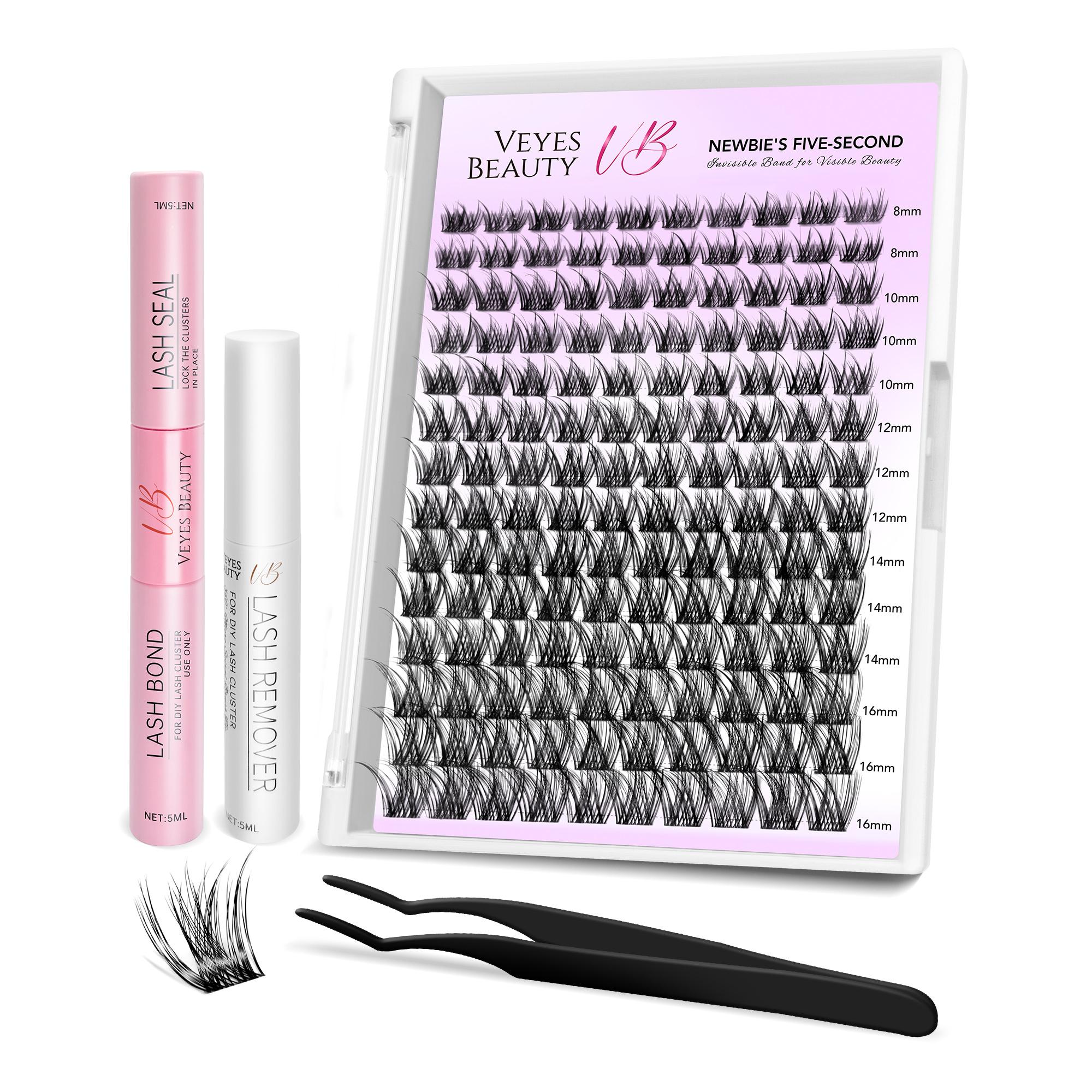 VEYESBEAUTY LuxeBold Cluster Lashes Eyelashes Cluster Individual Lash Extensions with Bond & Seal Tweezer Dramatic Volume Eyelash Wispy Faux Mink Lash Mixed Length DIY Large Tray for Self Makeup Cosmetic