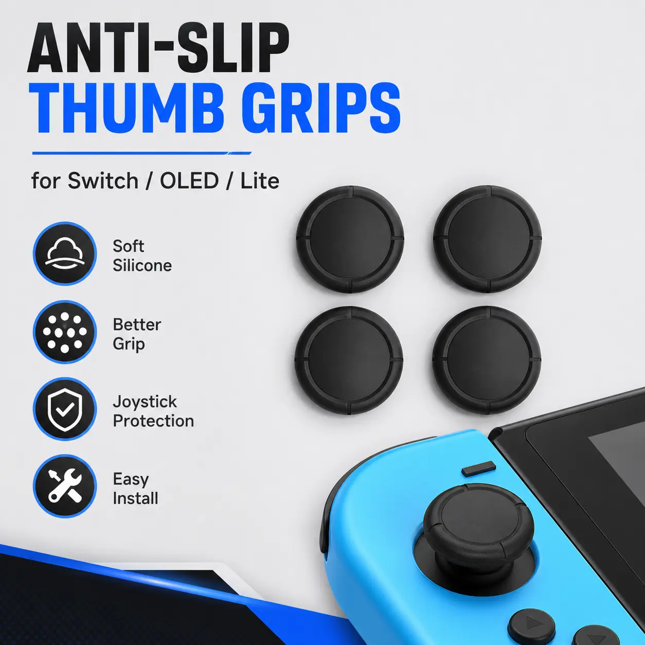 Nintendo Switch Durable Comfortable Silicone Joystick Thumbstick Grips - Joy-Con Console Controller Cover Caps, 8 License Plate Screws, Easy-Install Replacement Parts for Switch/Lite/OLED, Protective Gaming Accessories