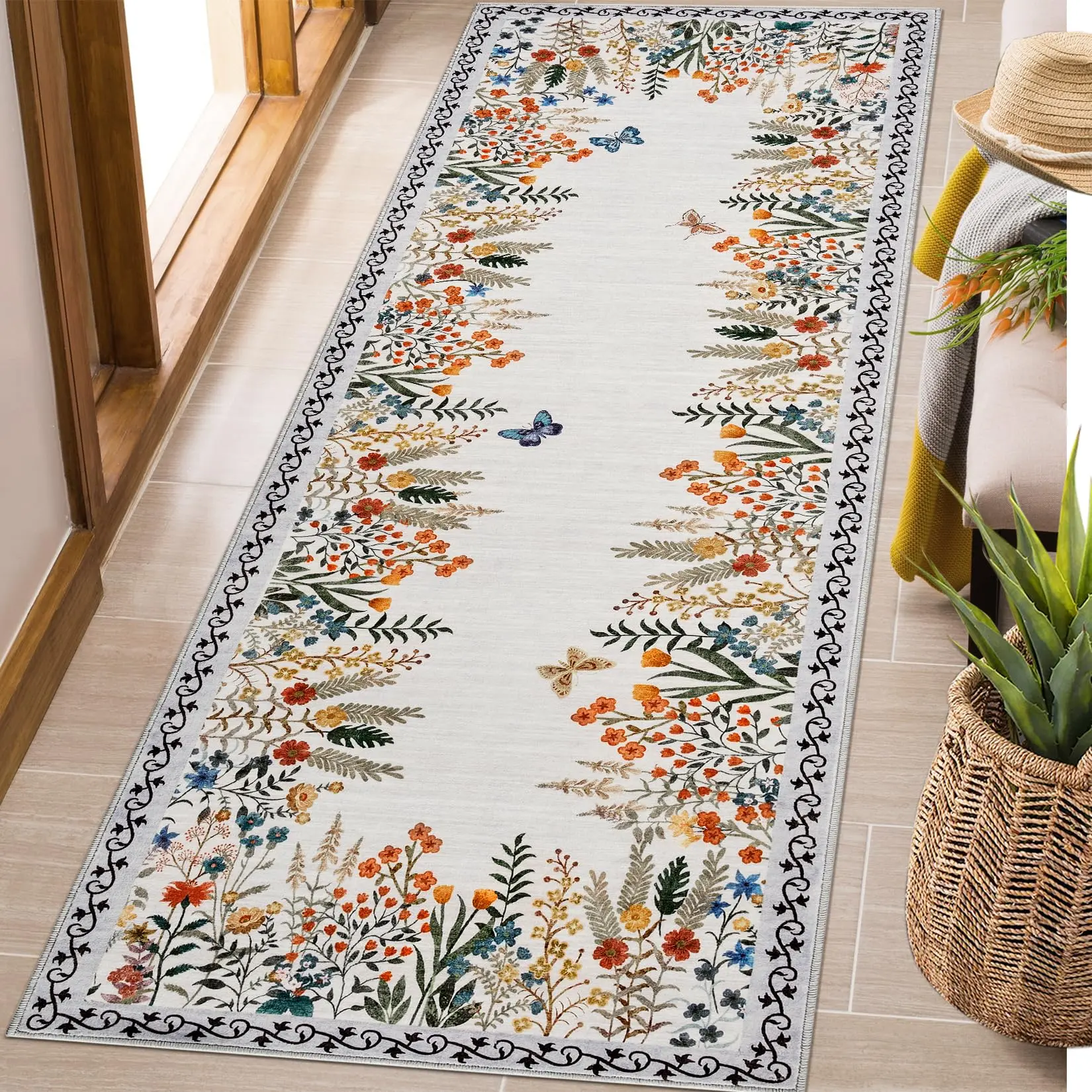 GARVEE Washable 2x6 Runner Rugs, Large Living Room Rug, Non-Slip Soft Floral Rugs for Bedroom, Botanical Area Rug Carpet for Dining Room Guest Room (Beige,2'x6')