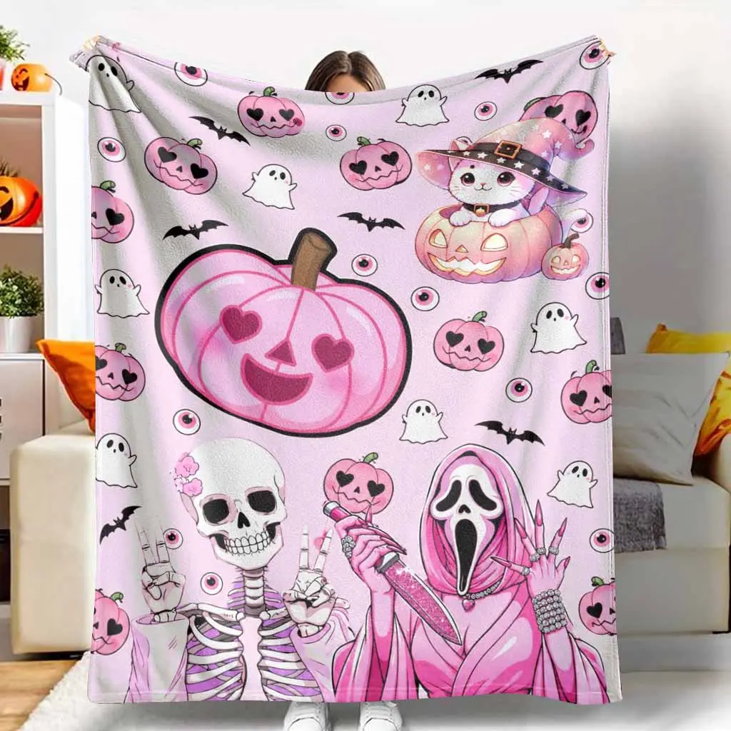 Pink Printed Flannel Blanket - Halloween Things with Pumpkin, Ghost, Cat, Witch, Skeleton Patterns, Breathable Flannel Fabric, Wrinkle-Resistant, Multi-Size (30*40in, 60*80in Large for Adults) Soft Plush Throw for Sofa, Bedroom Holiday Gift