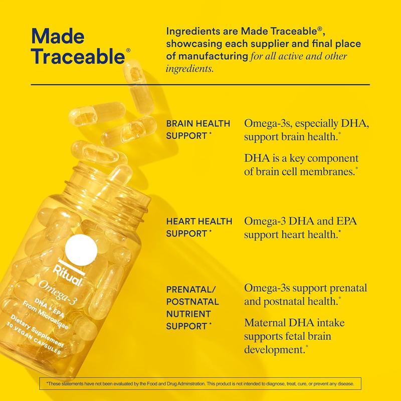 Ritual Omega 3 - Vegan - Science-Backed Dose of DHA & EPA Fatty Acids in 2:1 Ratio, Bioavailable, Brain and Heart Health Support, Minimal Burp-Back, Sustainably Sourced Microalgae, 30 Day Supply