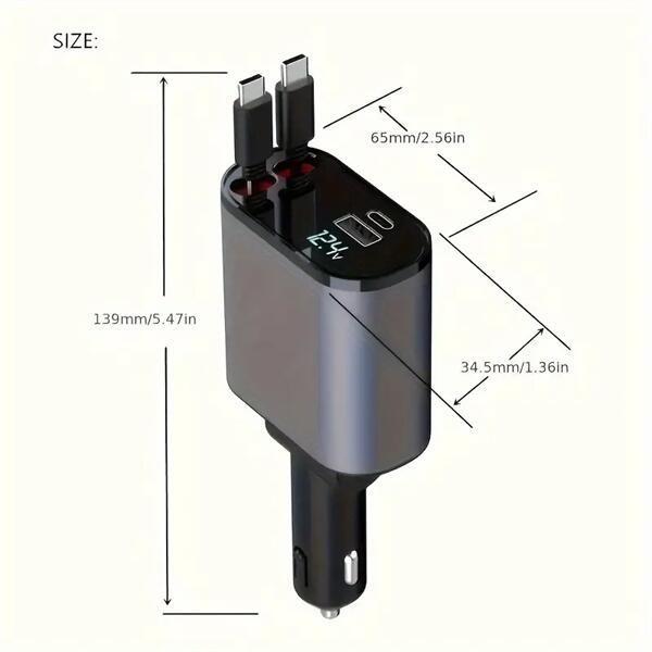 4-in-1 Retractable Fast Car Charger with Voltage Monitor Dual USB Ports for iPhone & Type-C PD QC3.0 AFC MTK FCP Compatible with 12V-24V Cars